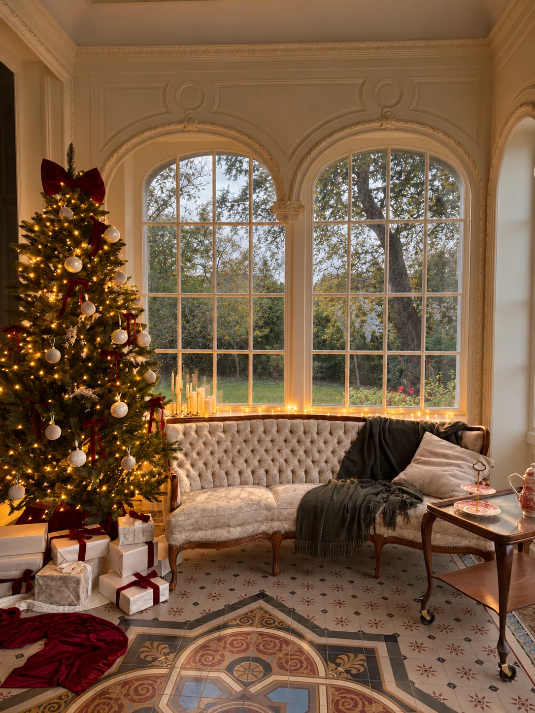 Weihnachtsdekoration mit geschmücktem Baum und klassischem Sofa in der Villa 127