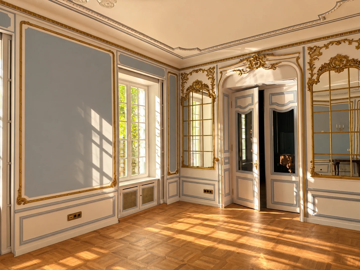 Heller klassischer Salon der Villa 127 mit Blick in den Garten